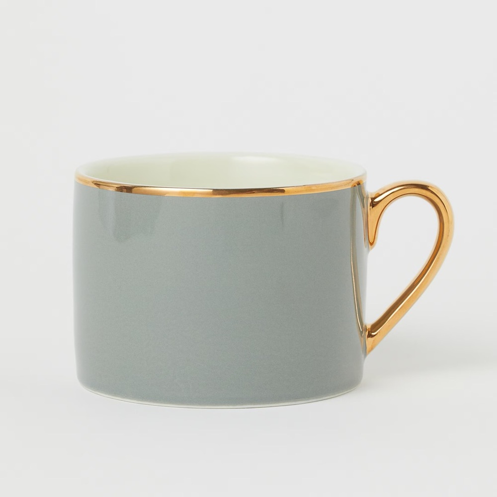 H&M GRAY PORCELAIN CUP WITH GOLD RIM NEW